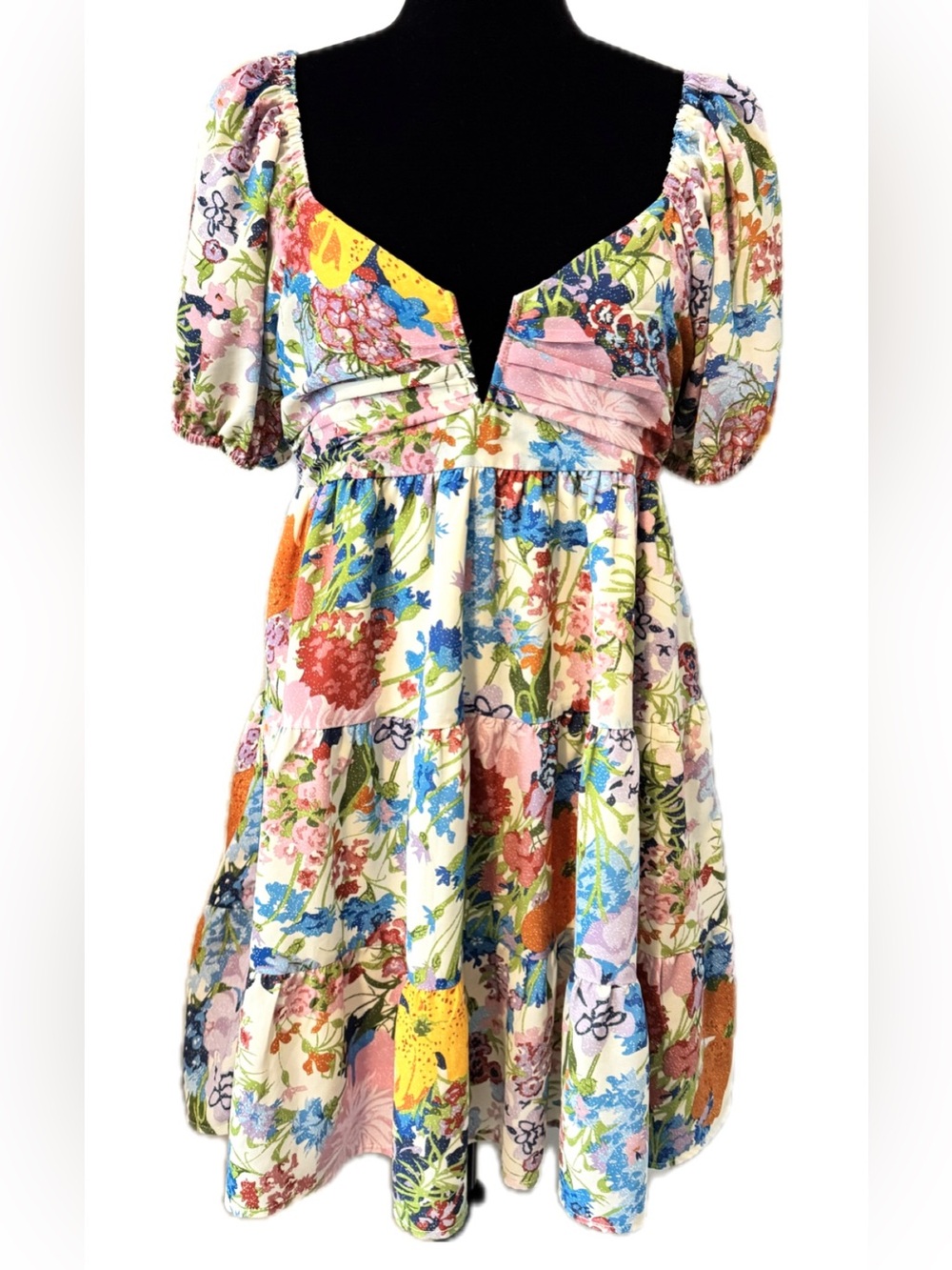 Entro Floral Puff Sleeve Babydoll Mini Dress Cottagecore Prairie Boho Size Large